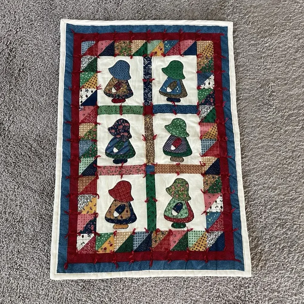 Sue Bonnet Sue Wall Hanging Quilt Colorful Cottage Core Folk Art Handmade VTG